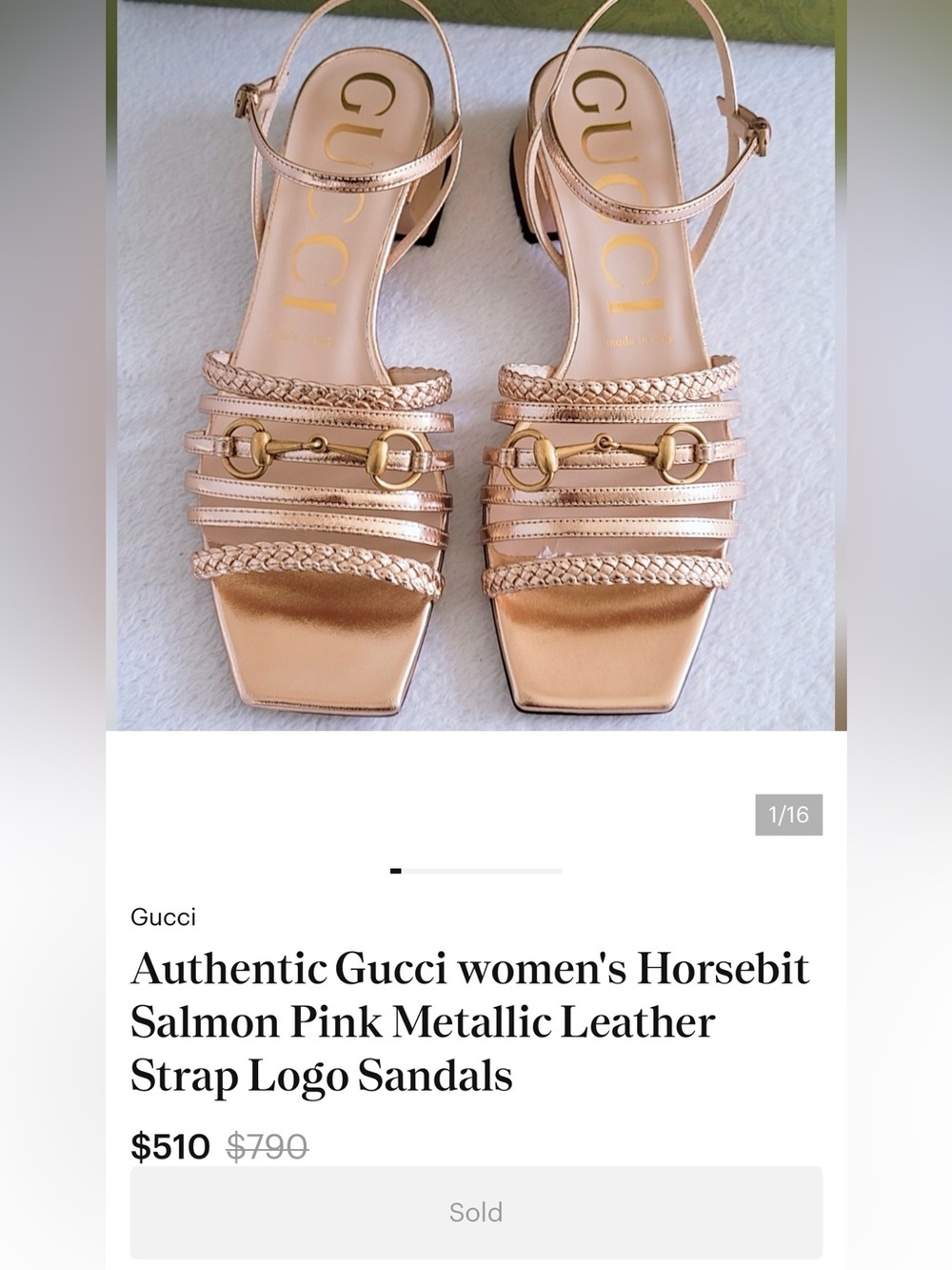 Gucci Metallic Rose Gold Nappa Braided Horsebit Ketty Block Heel Sandals (38) - Picture 12 of 14